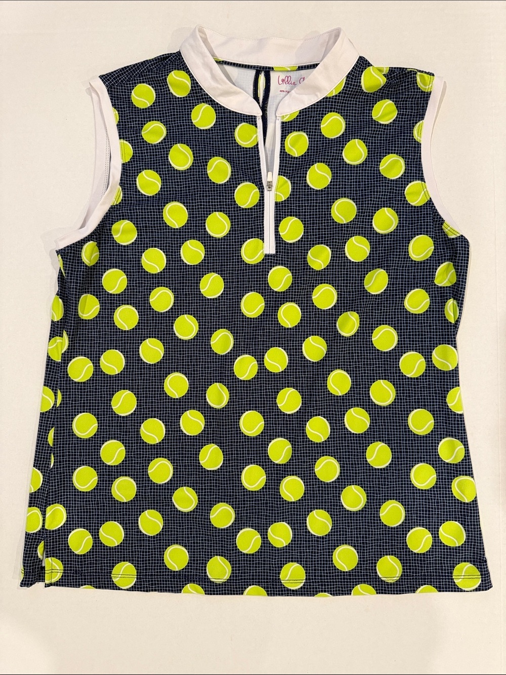 Lillie Green Navy Sleeveless Tank with Neon Yellow Tennis Ball Print